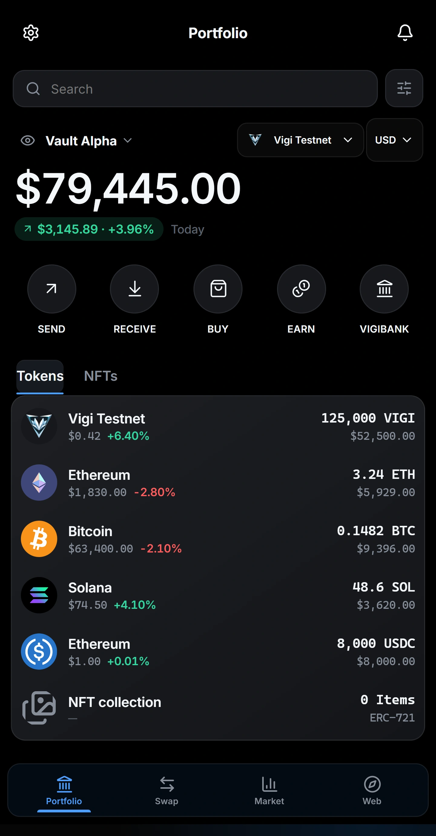 Vigi Wallet home — one vault across Bitcoin, Ethereum, EVM networks and Solana