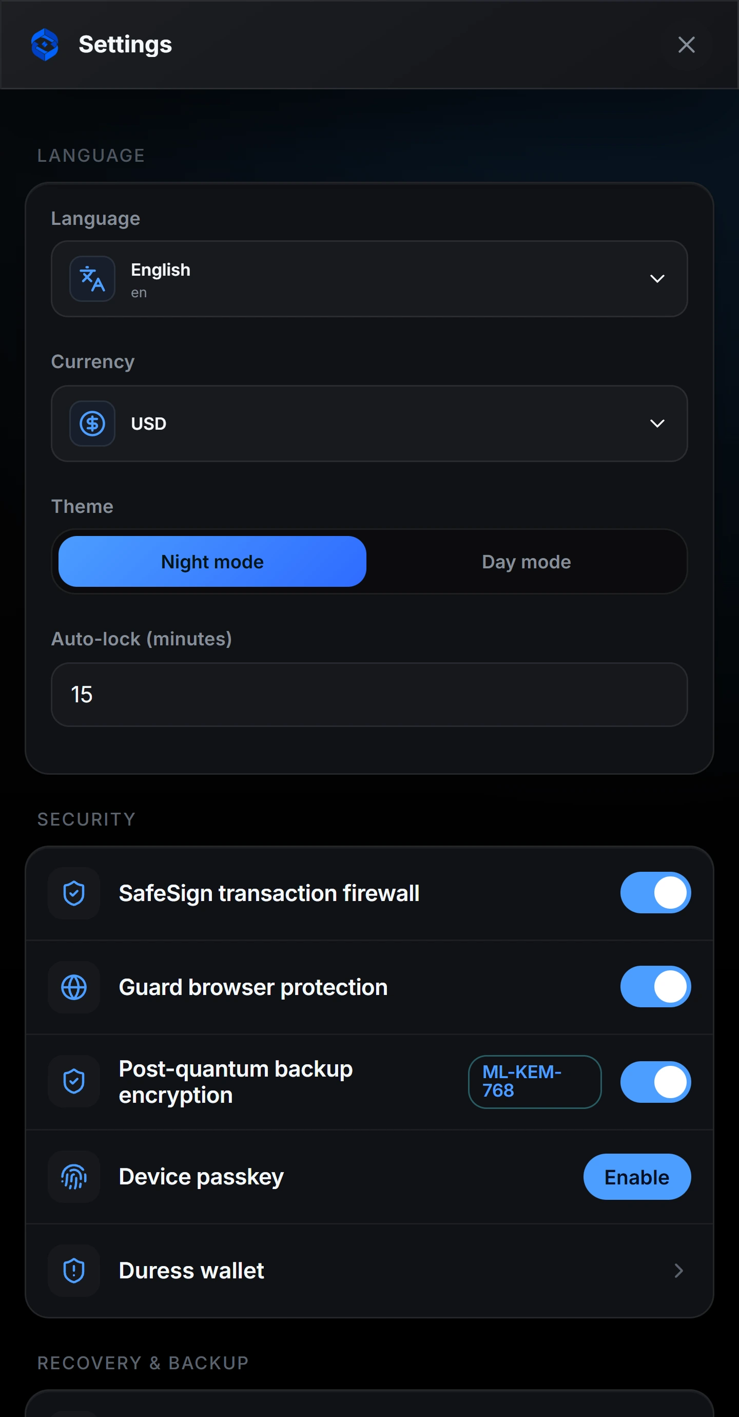 Vigi Wallet — Tune security in Settings